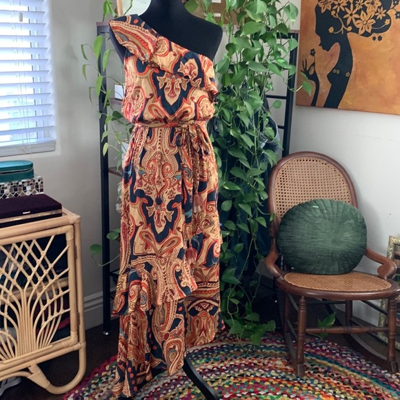 lovestitch Dresses & Skirts - Lovestitch One Shoulder Paisley Ruffled Asymmetrical Hem Midi Maxi Dress - M